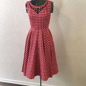 1950s Red checked swing dress w/ cutouts & pockets